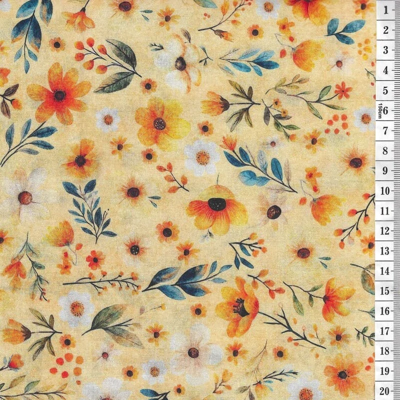 Látka na patchwork kytičky a lístečky na žluté