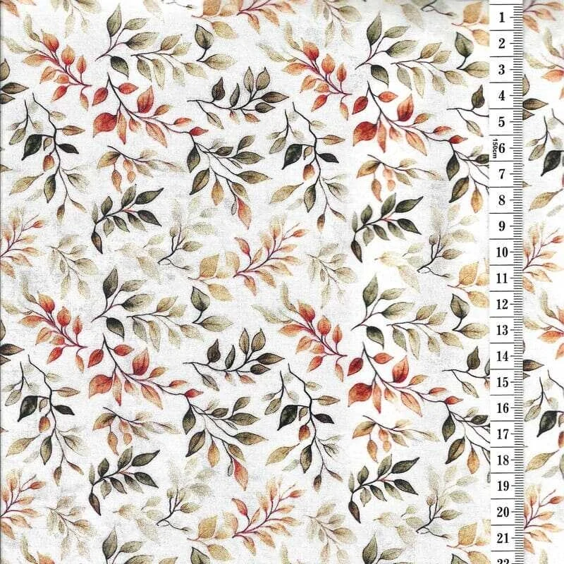 Látka na patchwork zeleno žluto béžové lístečky na smetanové