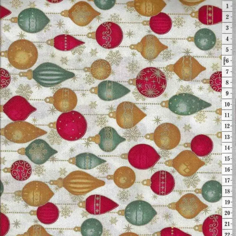 Látka na patchwork barevné vánoční ozdoby se zlatotiskem na smetanové