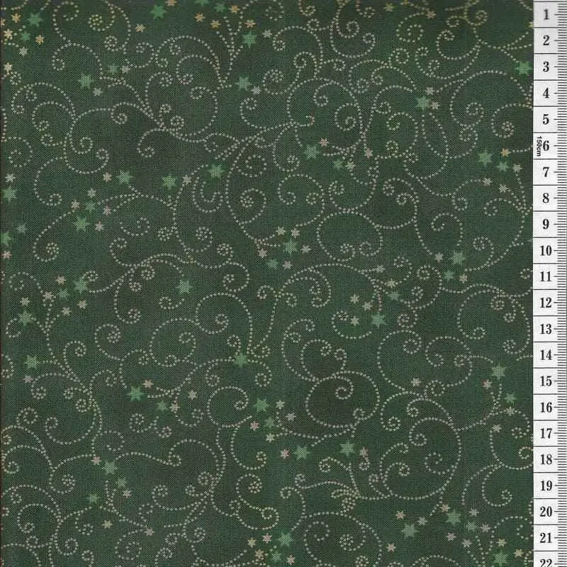 Látka na patchwork zlaté arabesky a hvězdičky na zelené