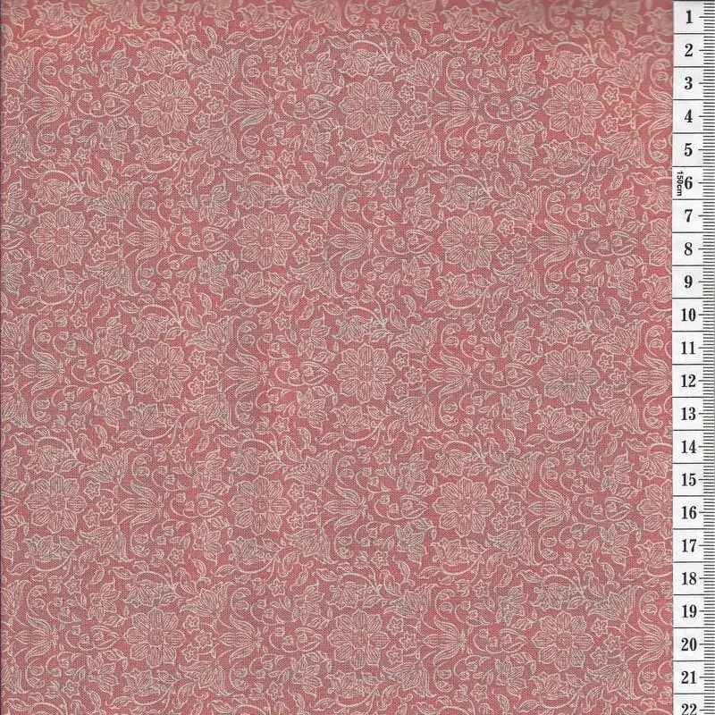Látka na patchwork smetanové obrysy kytiček na korálové