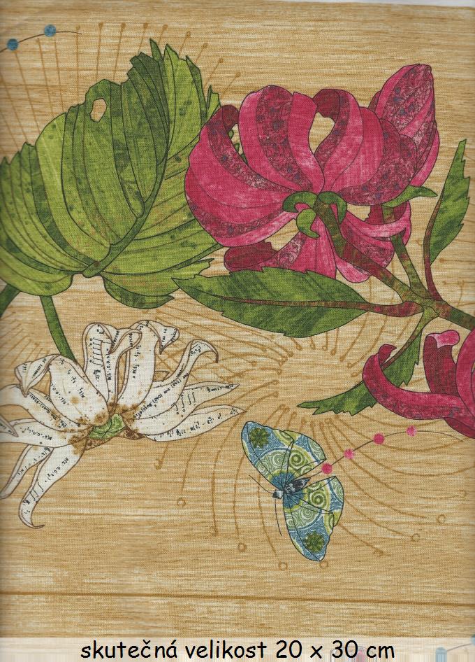 Květiny s motýly na béžové v pruzích