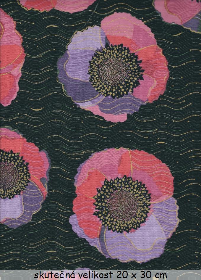 Fialovo růžové květy na černé se zlatotiskem