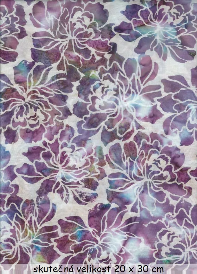 Bali batika fialové květy na bílé