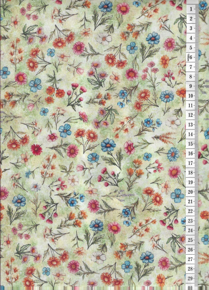 Látka na patchwork luční kvítí na zelenkavé makaté