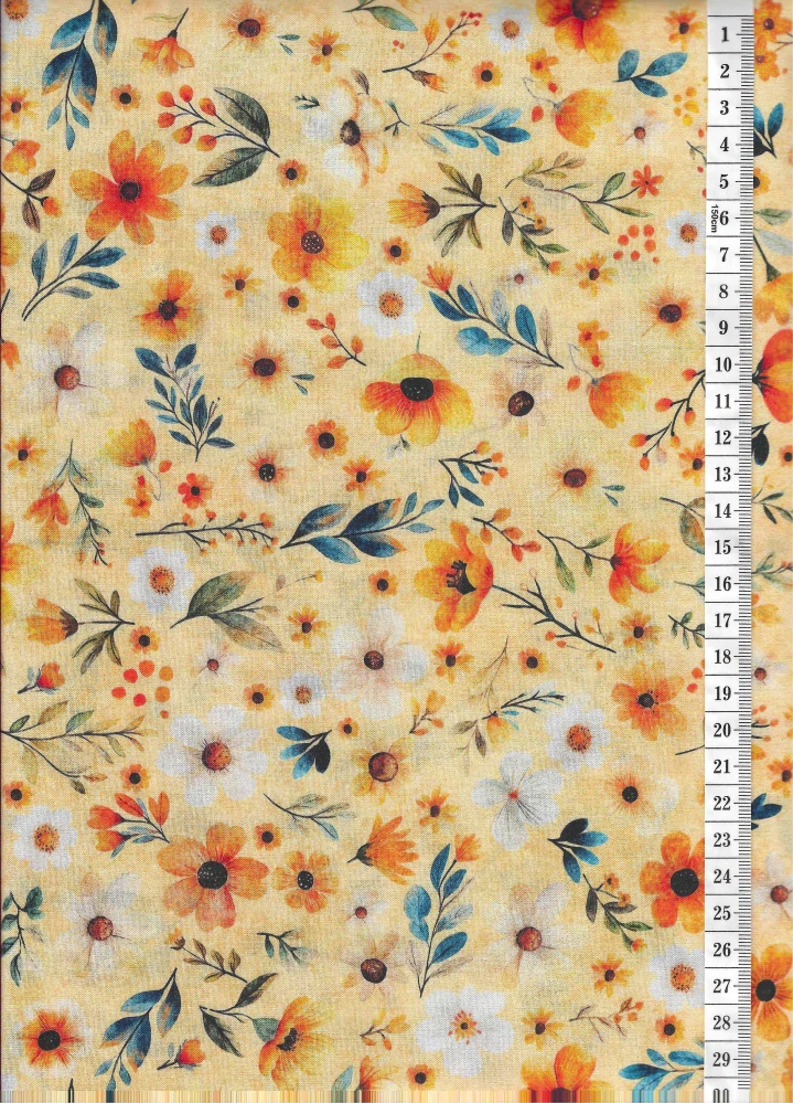 Látka na patchwork kytičky a lístečky na žluté