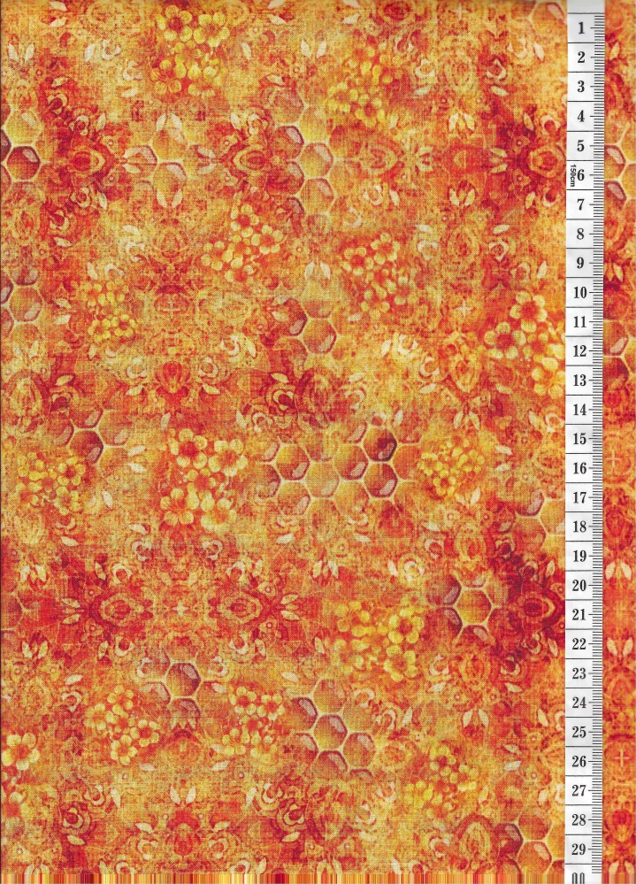 Látka na patchwork plástve a kytičky na žlutooranžové