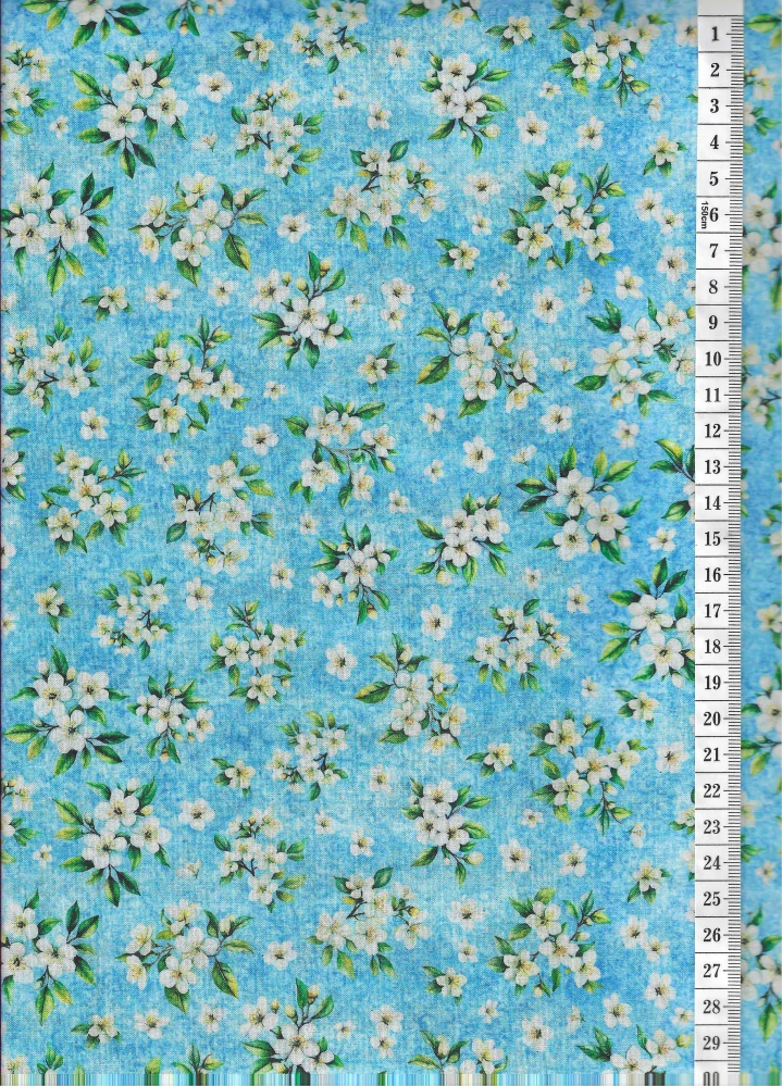 Látka na patchwork květy citroníku na světle modré