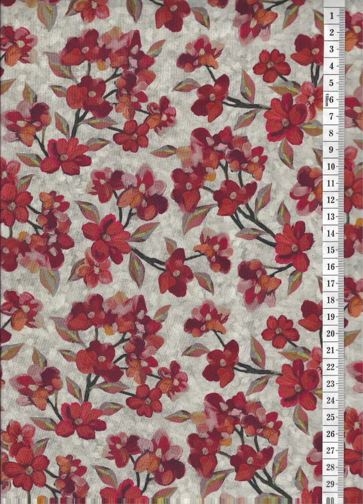 Látka na patchwork větvičky červených kytiček na šedé