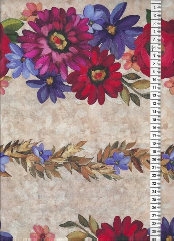 Látka na patchwork tahy štětce v béžové s bordurami květin