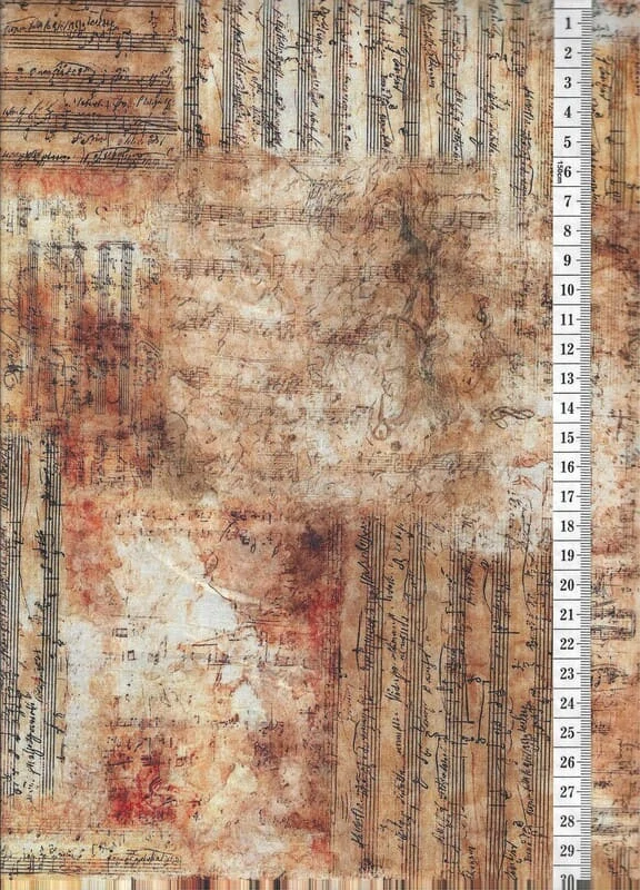 Látka na patchwork notové osnovy na rezavé