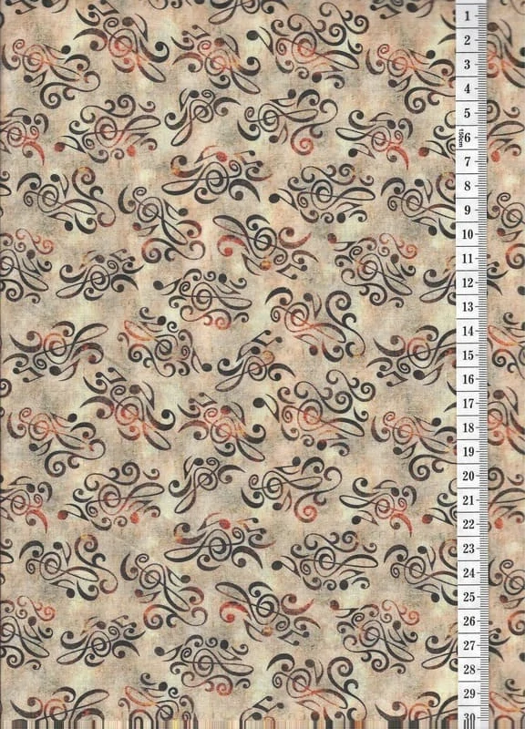 Látka na patchwork černé houslové klíče a noty na béžové