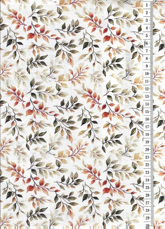 Látka na patchwork zeleno žluto béžové lístečky na smetanové