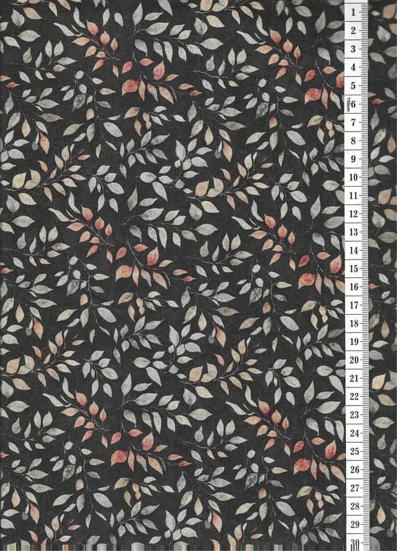Látka na patchwork rezavo zelené lístečky na černé