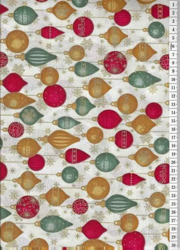 Látka na patchwork barevné vánoční ozdoby se zlatotiskem na smetanové
