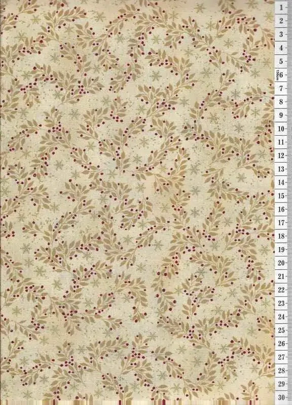 Látka na patchwork béžové lístečky s červenými bobulkami a zlatotiskem na béžové