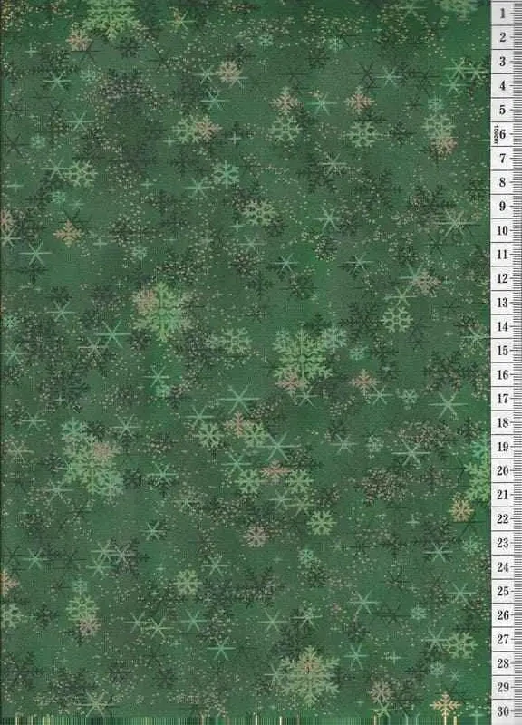 Látka na patchwork zelené a zlaté sněhové vločky na zelené
