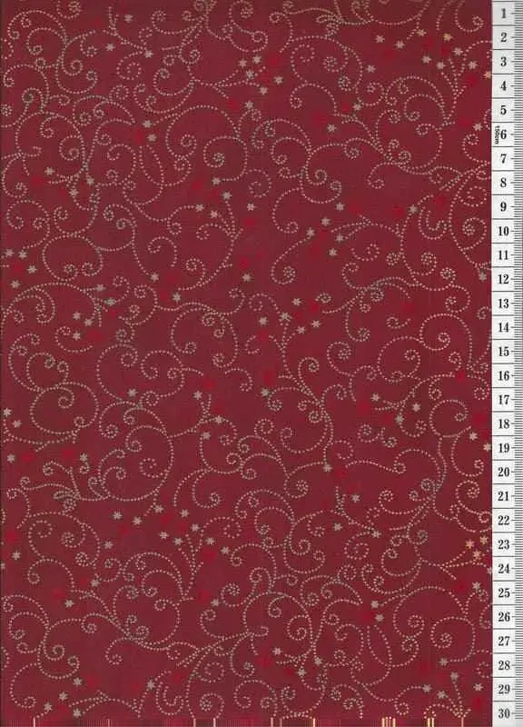 Látka na patchwork zlaté arabesky a hvězdičky na červené