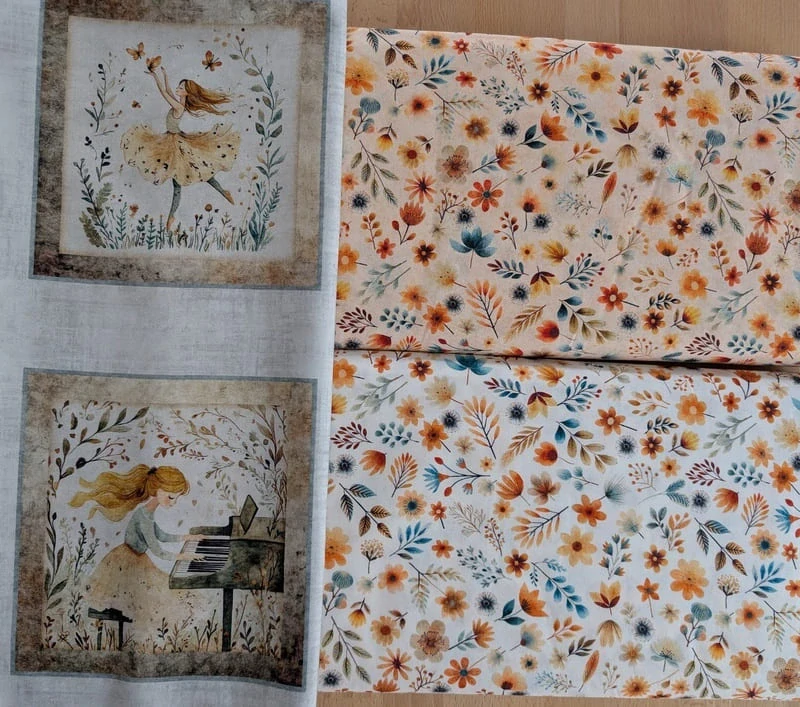 FQ Oranžové a modré kytičky a lístečky na meruňkové