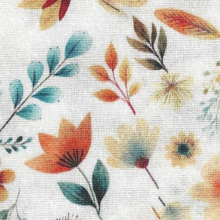 Oranžové a modré kytičky a lístečky na bílé