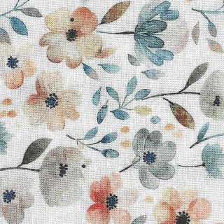 Lososové, šedé a modré kytičky na bílé