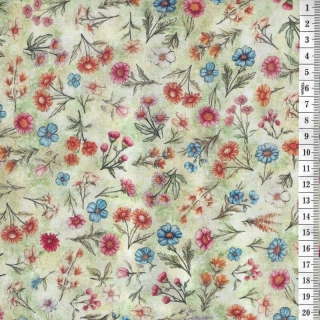 Látka na patchwork luční kvítí na zelenkavé makaté
