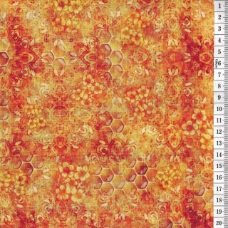 Látka na patchwork plástve a kytičky na žlutooranžové