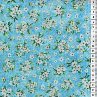 Látka na patchwork květy citroníku na světle modré