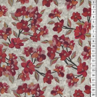 Látka na patchwork větvičky červených kytiček na šedé