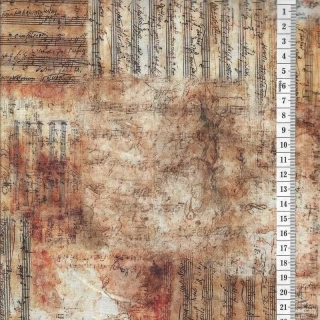 Látka na patchwork notové osnovy na rezavé