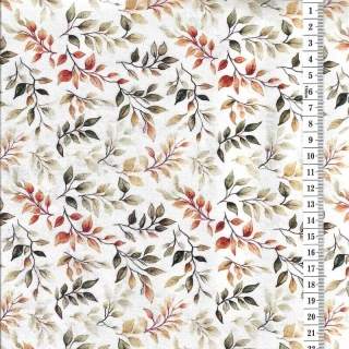 Látka na patchwork zeleno žluto béžové lístečky na smetanové