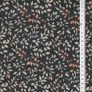 Látka na patchwork rezavo zelené lístečky na černé