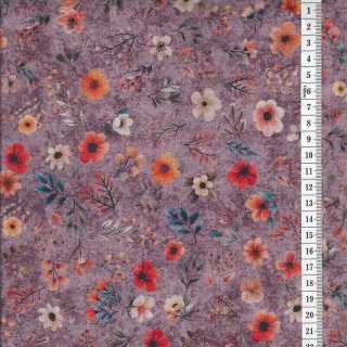 Látka na patchwork oranžové kytičky a lístečky na fialové