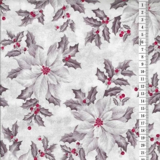Látka na patchwork šedé květy vánoční hvězdy a listy cesmíny na bílé