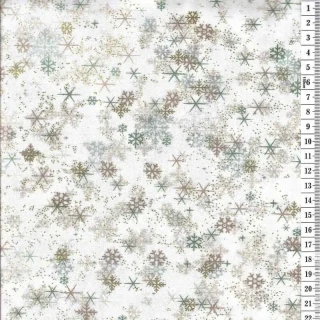 Látka na patchwork zelené, hnědé a zlaté sněhové vločky na smetanové