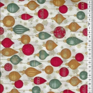 Látka na patchwork barevné vánoční ozdoby se zlatotiskem na smetanové
