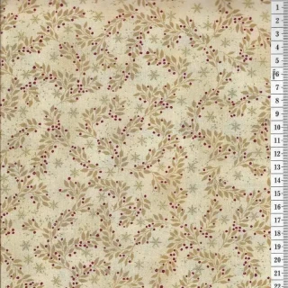 Látka na patchwork béžové lístečky s červenými bobulkami a zlatotiskem na béžové