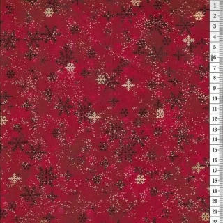 Látka na patchwork černé a zlaté sněhové vločky na červené