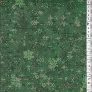 Látka na patchwork zelené a zlaté sněhové vločky na zelené