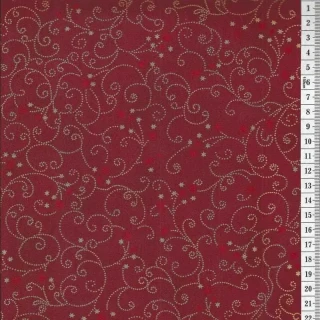 Látka na patchwork zlaté arabesky a hvězdičky na červené
