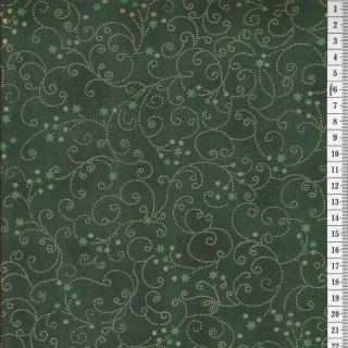 Látka na patchwork zlaté arabesky a hvězdičky na zelené