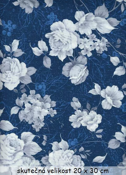 FQ Bílé a šedé velké růže na modré